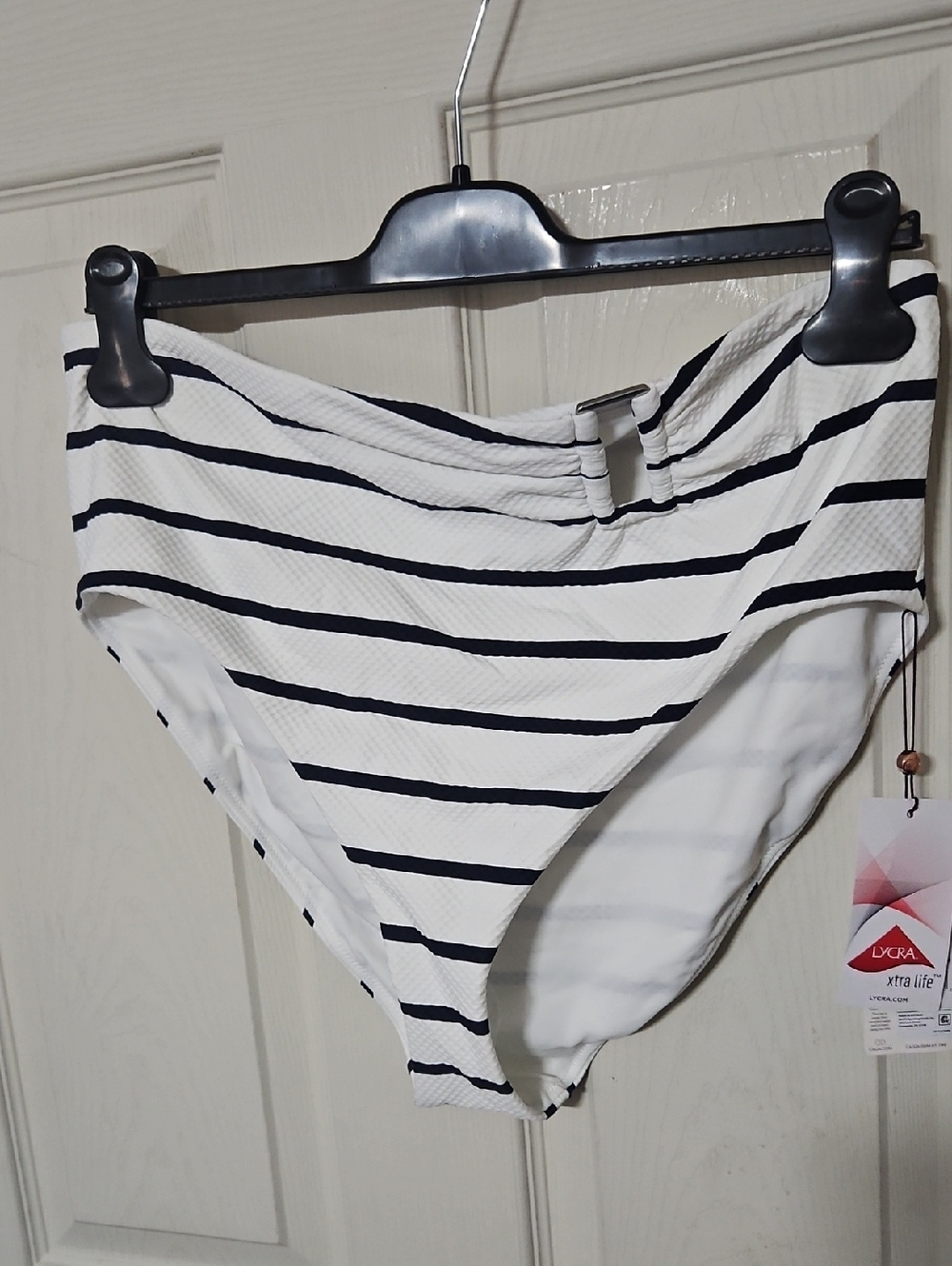 CALIA Women's Asymmetrical Rectangle Trim Swim Bottoms:WHITE/BLUE STRIPE: NWT:XL